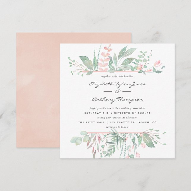 Pastel Blush Greenery Wedding Invitation (Front/Back)