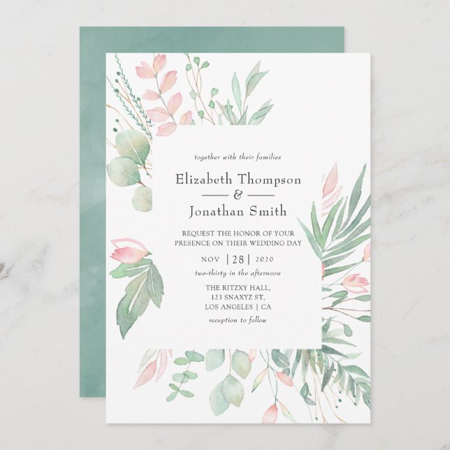 Pastel Blush Greenery Wedding Invitation (Front/Back)