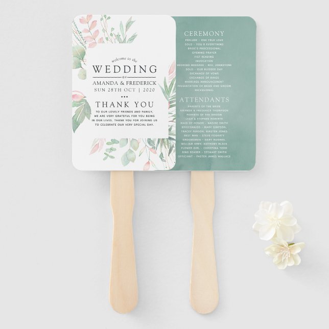 Pastel Blush Greenery Wedding Program Hand Fan (Front and Back)