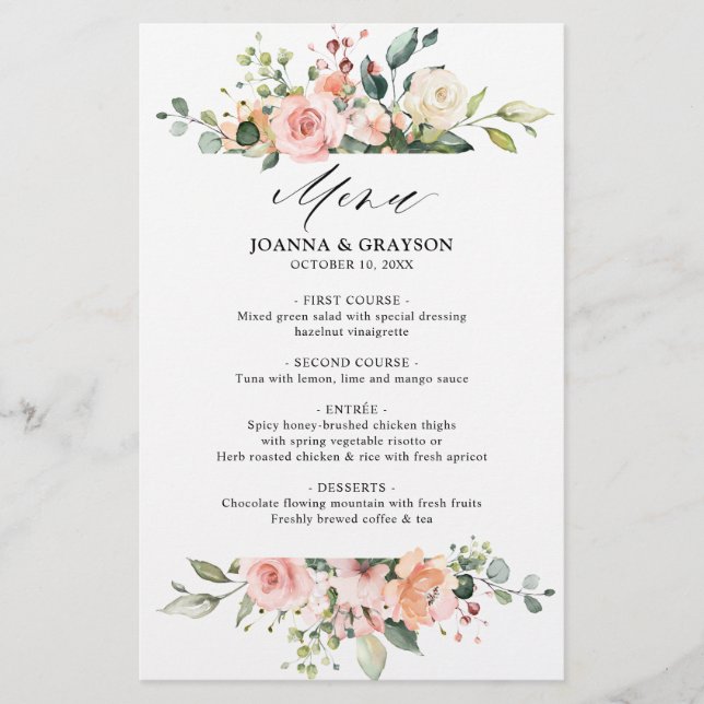 Pastel Blush Ivory Floral Botanical Wedding Menu (Front)