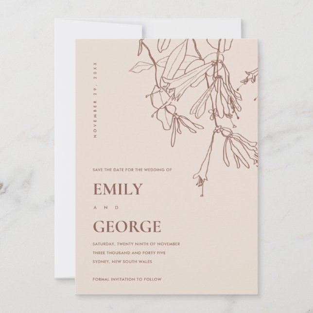 PASTEL BLUSH LINE DRAWING FLORA SAVE THE DATE CARD (Front)