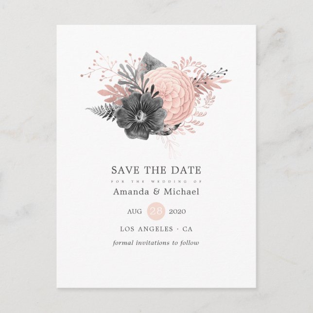 Pastel Blush Pink and Charcoal Black Save the Date Announcement Postcard (Front)
