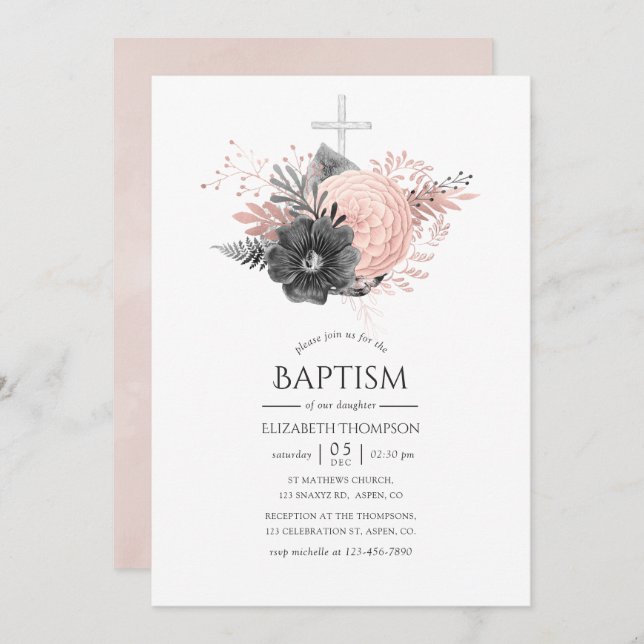 Pastel Blush Pink and Charcoal Floral Baptism Invitation (Front/Back)
