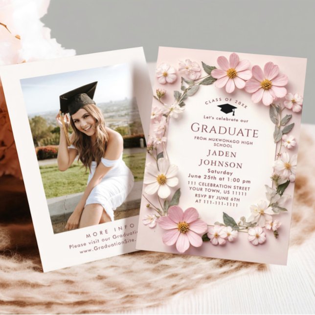 Pastel Blush Pink Boho Wildflower Graduation Party Invitation (Creator Uploaded)