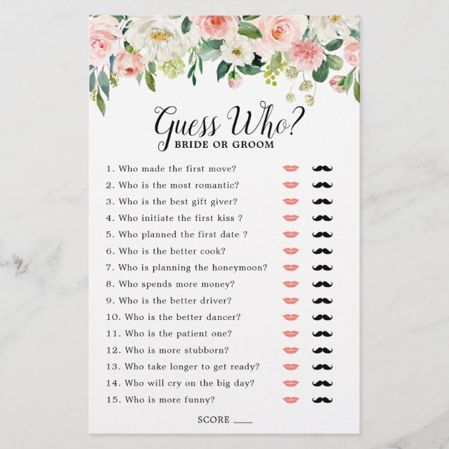 Pastel Blush Pink Bridal Shower Game Guess Who (Front)