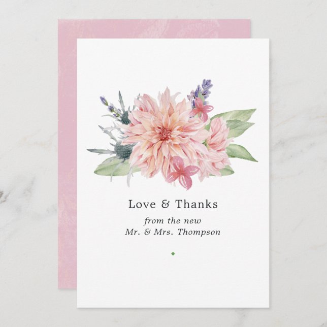 Pastel Blush Pink Dahlia Wedding Thank You Card (Front/Back)