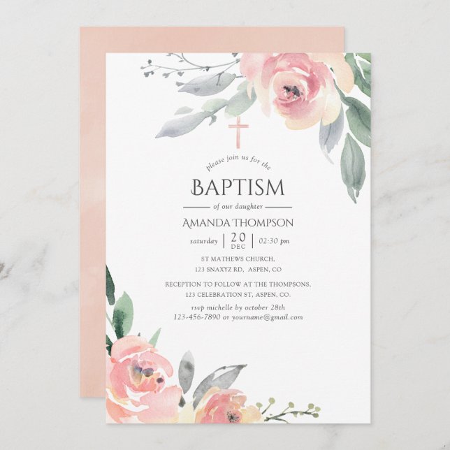 Pastel Blush Pink Floral Baptism Invitation (Front/Back)