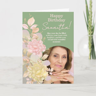 Pastel Blush Pink Floral Photo Birthday Greeting Card