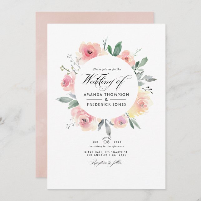 Pastel Blush Pink Floral QR Code RSVP Wedding Invitation (Front/Back)