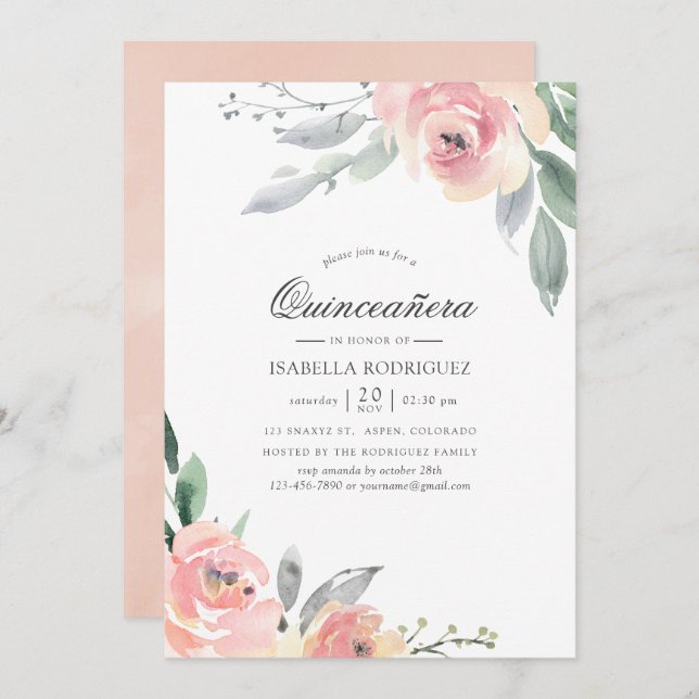 Pastel Blush Pink Floral Quinceañera Invitation (Front/Back)