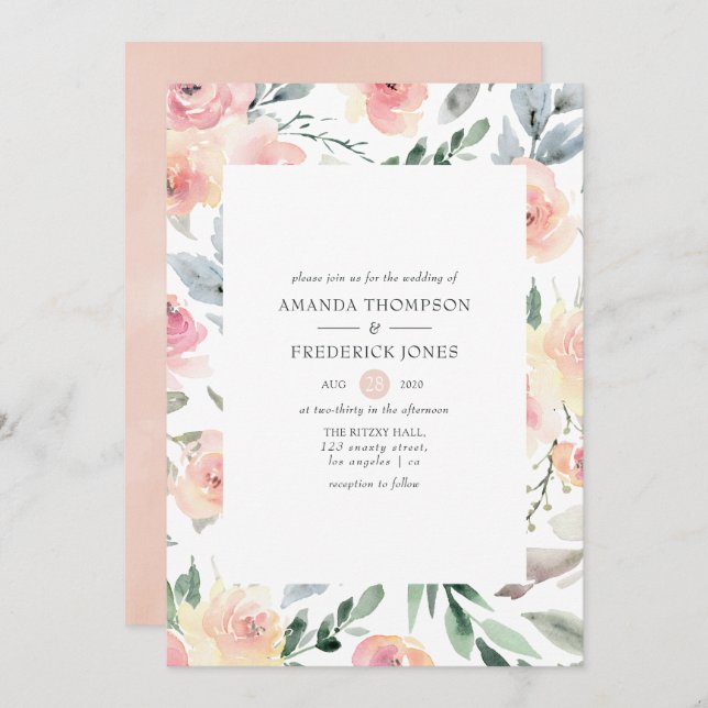 Pastel Blush Pink Floral Wedding Invitation (Front/Back)