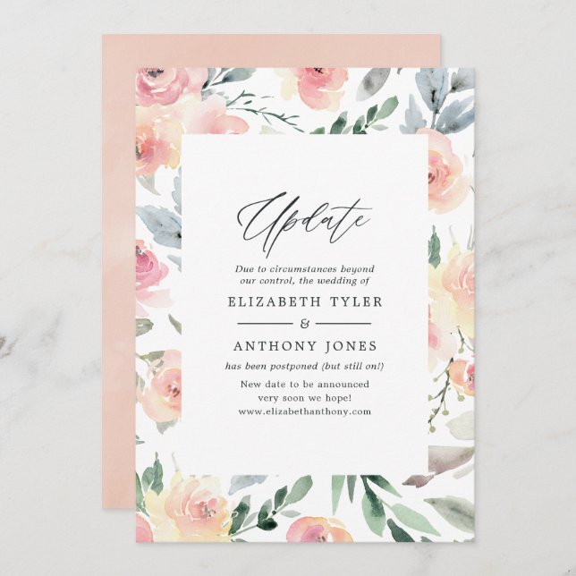 Pastel Blush Pink Floral Wedding Update Invitation (Front/Back)