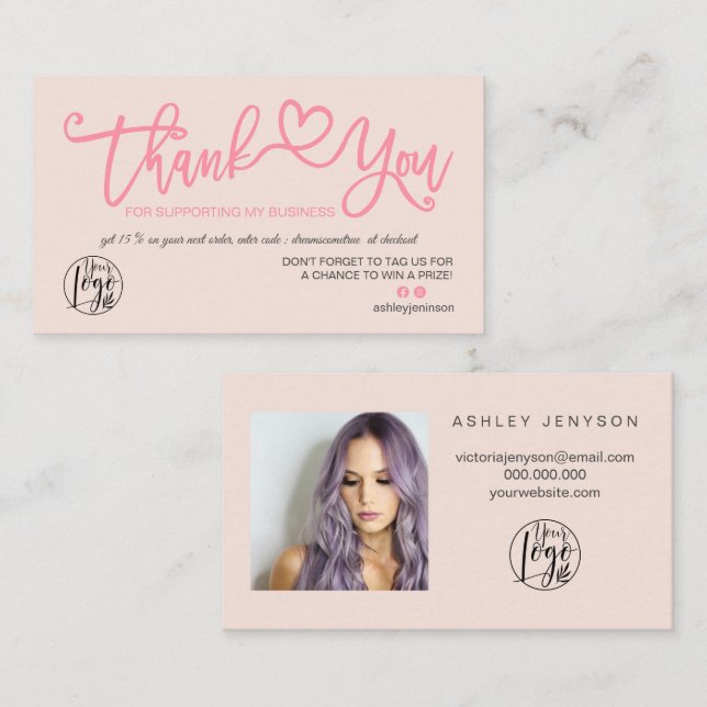 Pastel blush pink heart photo logo order thank you business card (Front/Back)