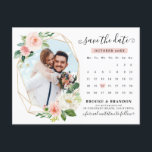 Pastel Blush Pink Photo Calendar Save the Date Postcard<br><div class="desc">Elegant Blush pink / peach spring floral botanical photo calendar save the date card featuring a bouquet of soft pastel watercolor roses, peonies and hydrangeas in shades of blush pink, peach and cream with lush green botanical leaves and eucalyptus leaves. A modern design choice that is perfect for spring and...</div>