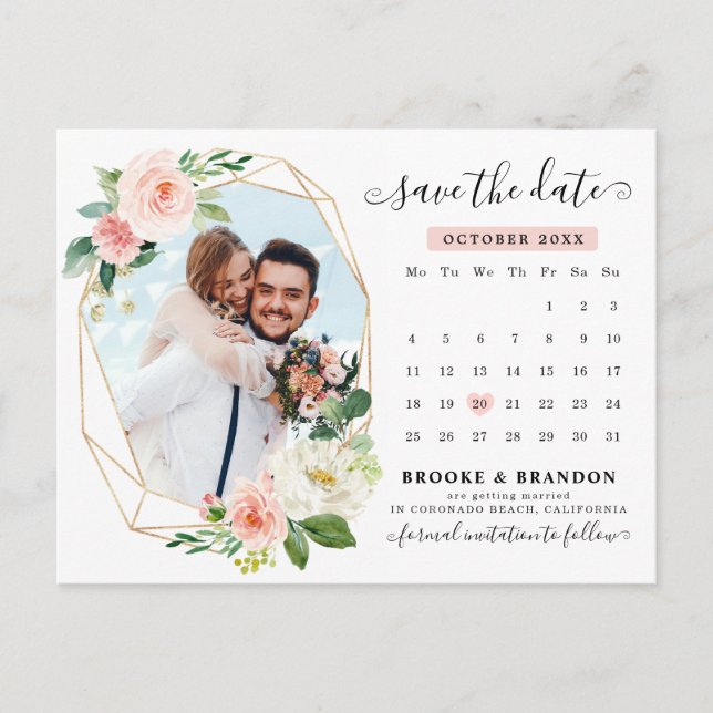Pastel Blush Pink Photo Calendar Save the Date Postcard (Front)