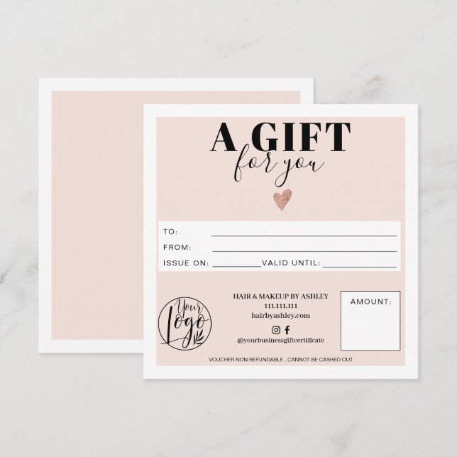 Pastel blush pink square gift certificate logo (Front/Back)