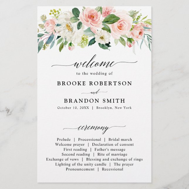 Pastel Blush Pretty Pink Botanical Wedding Program (Front)
