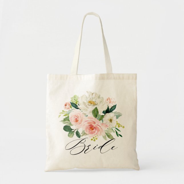 Pastel Blush Pretty Pink Floral Botanical Bride Tote Bag (Front)