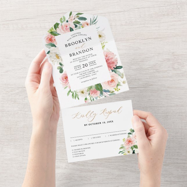 Pastel Blush Pretty Pink Floral Botanical Wedding  All In One Invitation (Tearaway)