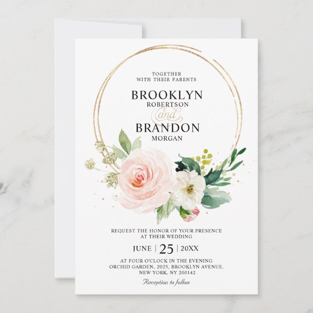 Pastel Blush Pretty Pink Floral Botanical Wedding Invitation (Front)