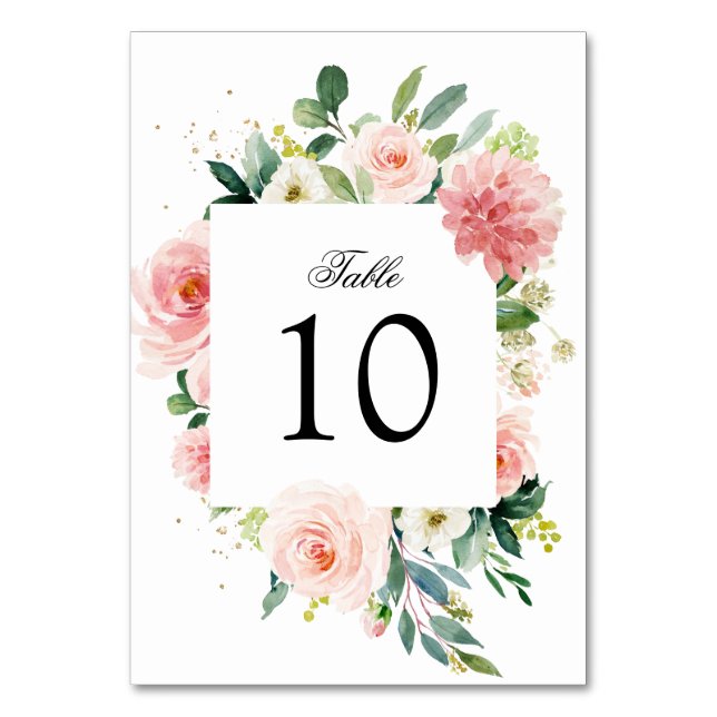 Pastel Blush Pretty Pink Floral Botanical Wedding Table Number (Front)