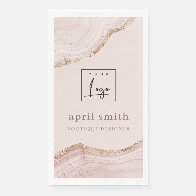  Pastel Blush Rose Gold Agate Marble Texture Logo Napkin (Front)