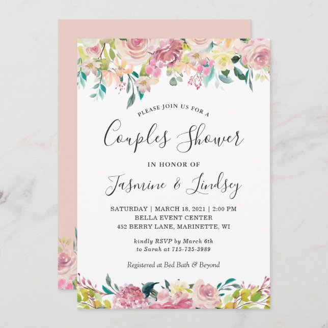 Pastel Blush Spring Floral Wedding Couples Shower Invitation (Front/Back)