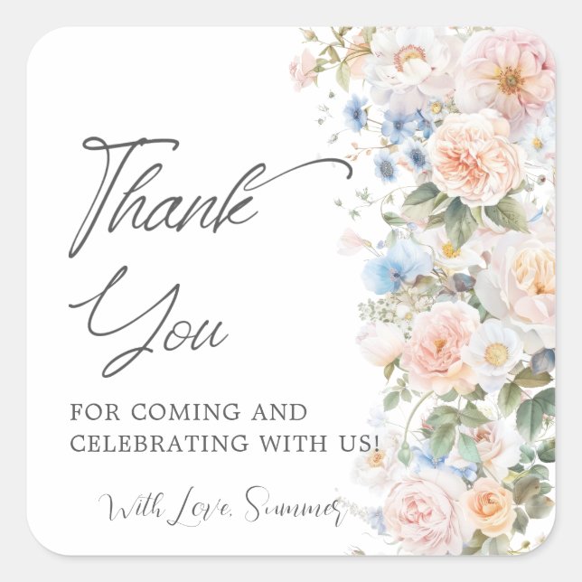 Pastel Blush White Blue Floral Bridal Baby Shower  Square Sticker (Front)