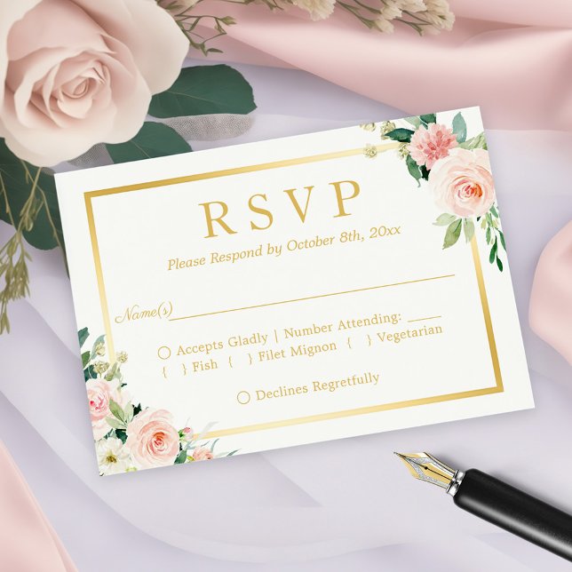Pastel Blushing Pink Floral Gold Frame RSVP Card (Creator Uploaded)