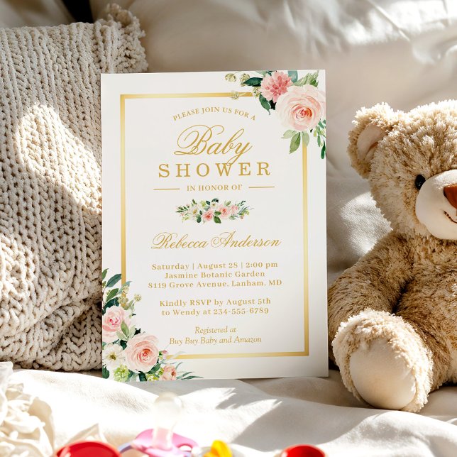 Pastel Blushing Pink Floral Gold Girl Baby Shower Invitation (Creator Uploaded)