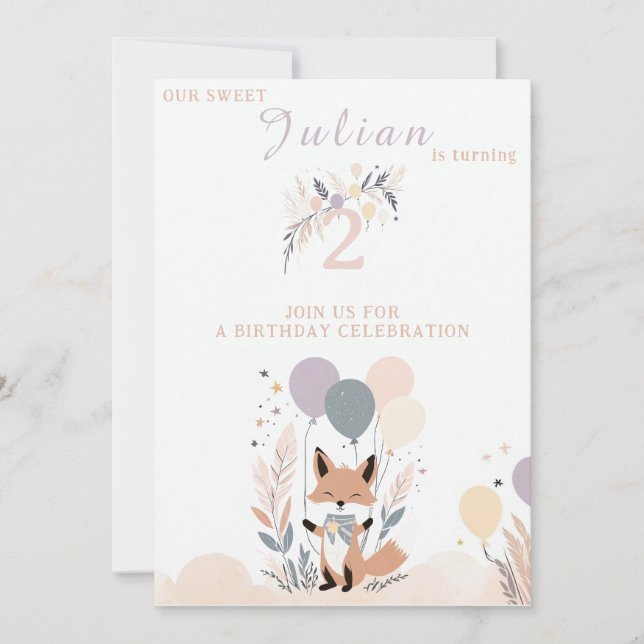 Pastel Boho Baby Fox and Balloons Birthday Invitation (Front)