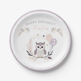 Pastel Boho Baby Owl and Balloons Birthday  Paper Plate