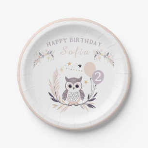 Pastel Boho Baby Owl and Balloons Birthday Paper Plate