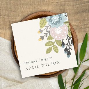 Pastel Boho Blush Blue Green Leafy Floral QR Code  Square Business Card