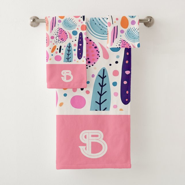 Pastel BOHO Botanical Pattern Monogrammed Name Bath Towel Set (Insitu)
