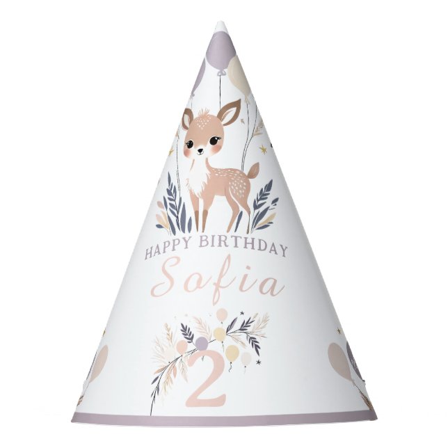 Pastel Boho Fawn and Balloons Birthday Party Hat (Front)