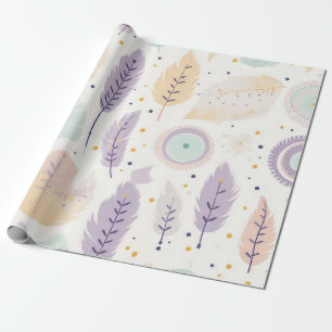 Pastel Boho Feather Pattern with Geometric Accents Wrapping Paper
