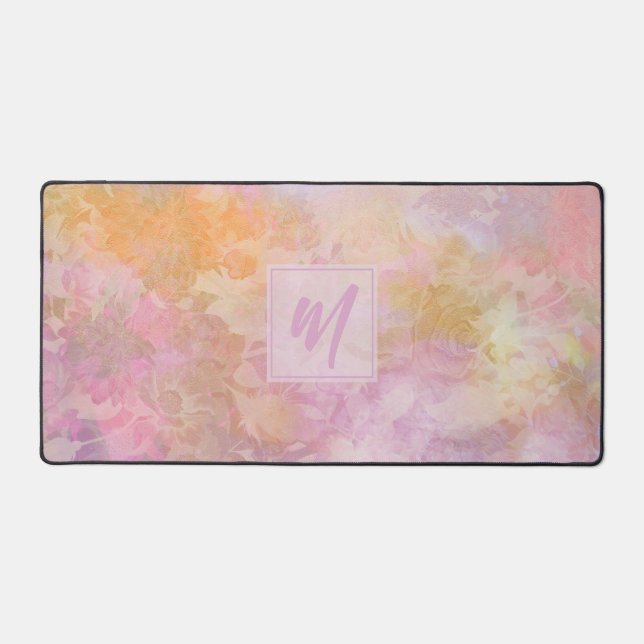 Pastel Boho Floral Pattern Chic Script Monogram Desk Mat (Front)