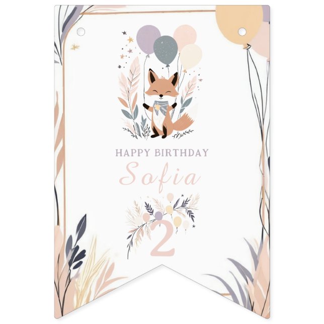 Pastel Boho Fox and Balloons Birthday Bunting (First Flag)