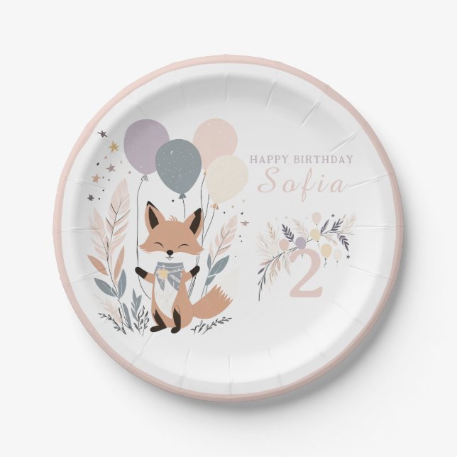 Pastel Boho Fox and Balloons Birthday Paper Plate (Front)