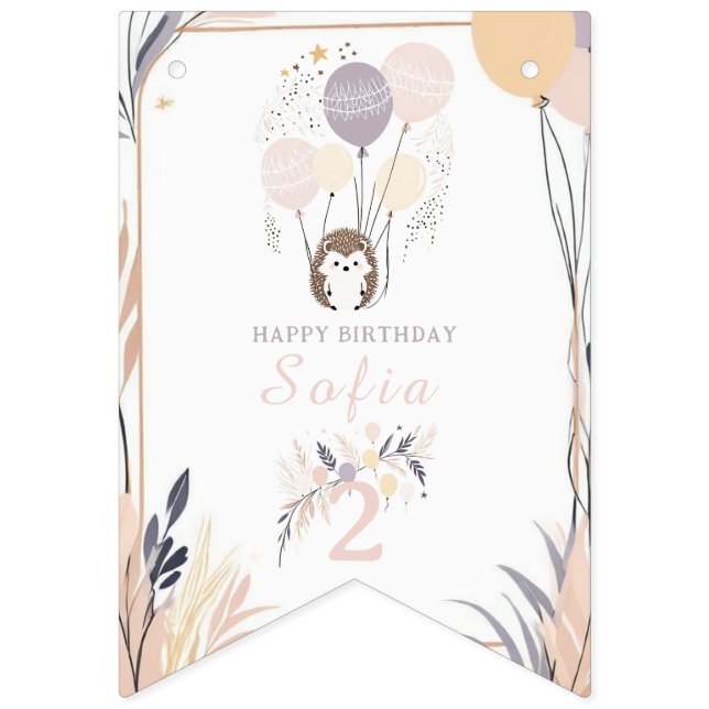 Pastel Boho Hedgehog and Balloons Birthday Bunting (Sixteenth Flag)