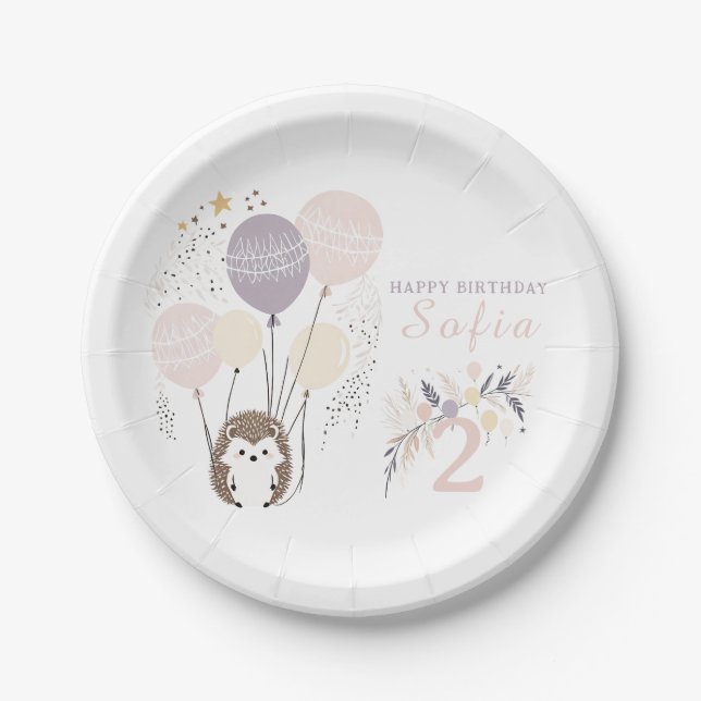 Pastel Boho Hedgehog and Balloons Birthday Paper Plate (Front)