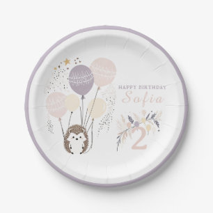 Pastel Boho Hedgehog and Balloons Birthday Paper Plate