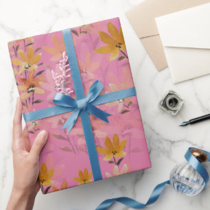 Pastel Boho Mustard Pink Wildflowers Wrapping Paper