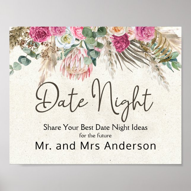 Pastel Boho Neutral Floral Date Night Sign (Front)