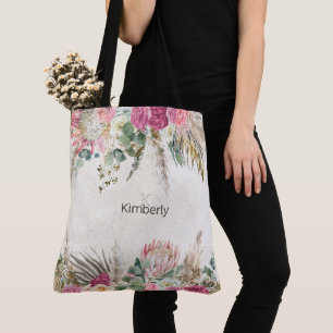 Pastel Boho Neutral Floral Initial Monogram Tote Bag