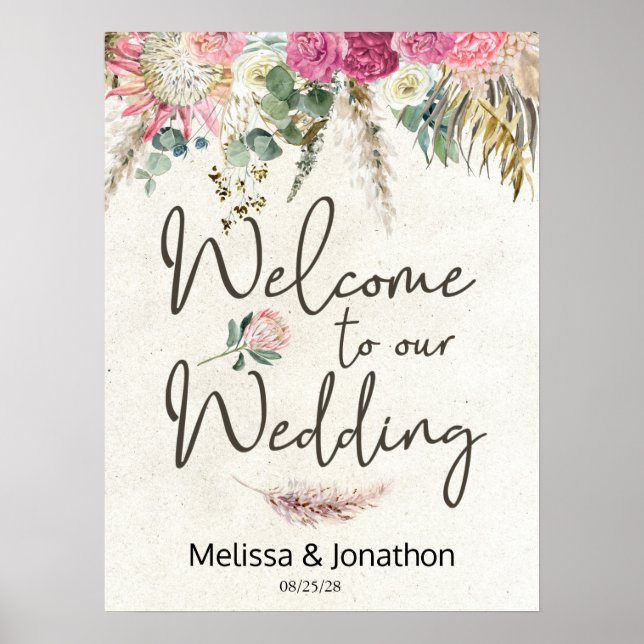 Pastel Boho Neutral Floral Wedding Poster (Front)