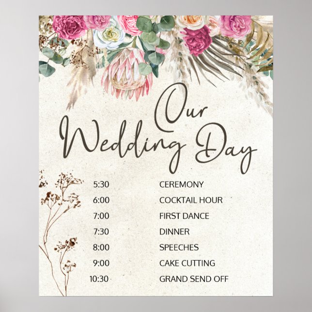 Pastel Boho Neutral Floral Wedding Schedule Poster (Front)