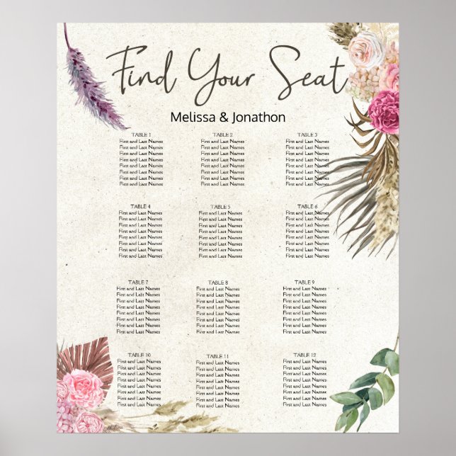 Pastel Boho Neutral Floral Wedding Seating Chart (Front)