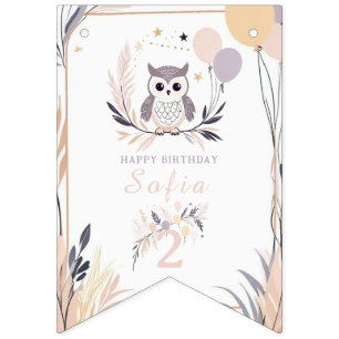 Pastel Boho Owl and Balloons Birthday Bunting